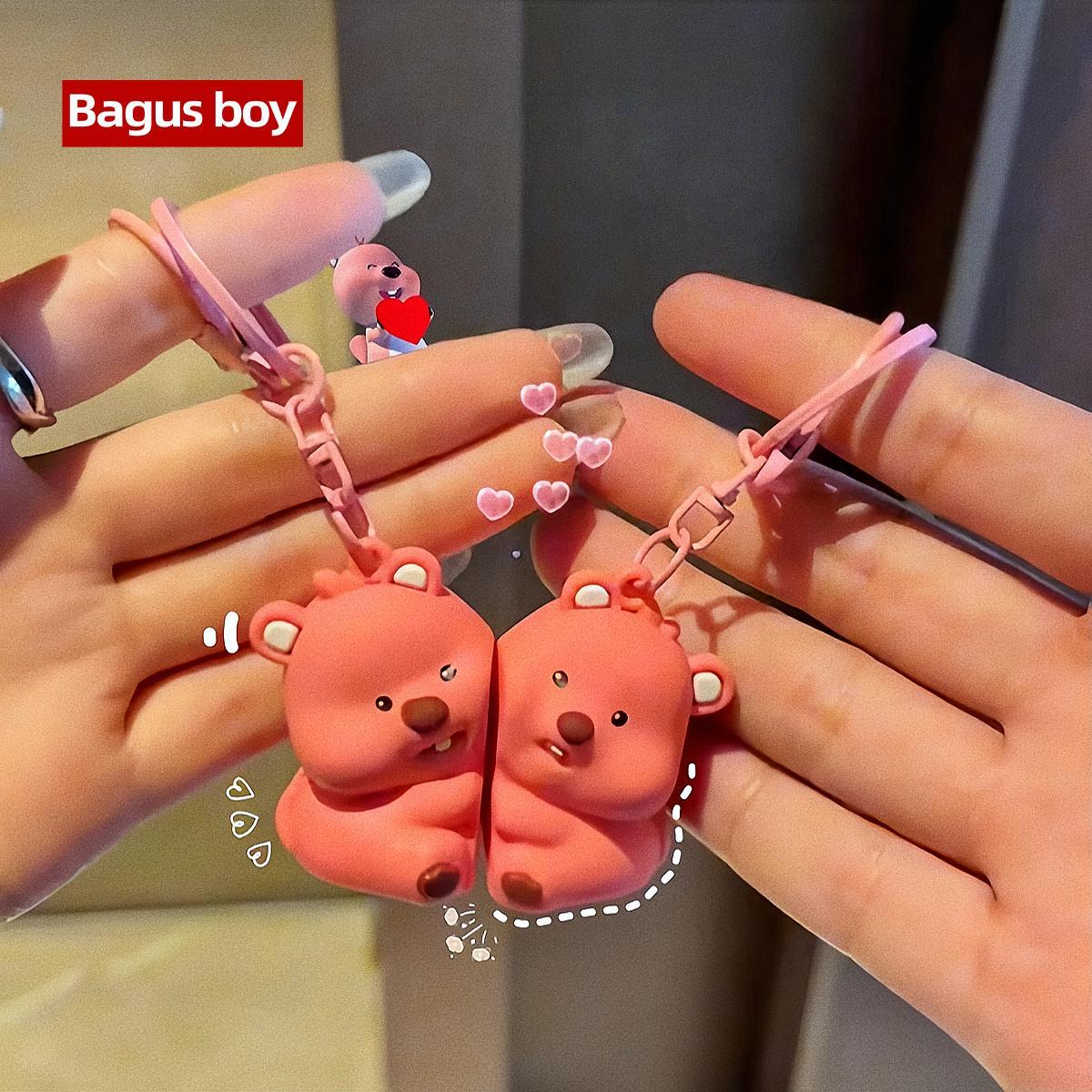 Bagusboy 2 Pcs Magnetik Gantungan Kunci Tas Kucing Cat Matching Keychain Couple Lucu Sepasang Anjing Babi Kartun Pasangan Boneka Liontin Tas Sekolah Mobil Hadiah Kecil Anak Mainan Perempuan Tali Lucu Toys PVC
