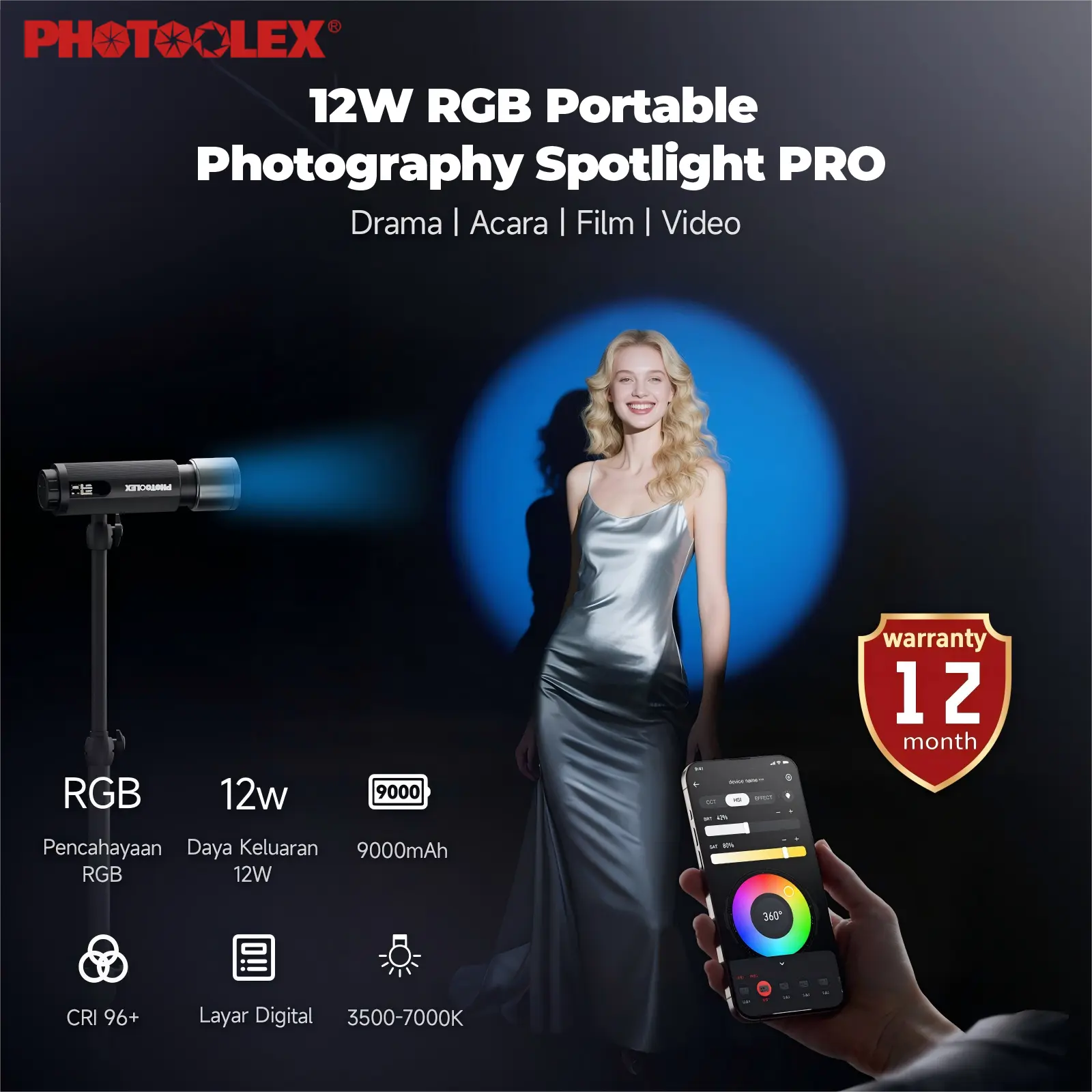 PHOTOOLEX Photography Spotlight Pro Lampu Sorot Foto Pro Set RGB 12W 9000mAh Proyeksi Latar Belakang Video Langsung Gambar Portabel Tahan Lama dengan Kaca Cahaya Keras dan Warna  for Camera\video\photograph