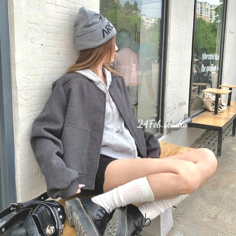 Áo khoác bomber nữ dạ ép cúc bấm phong cách basic Hàn Quốc 24Febstudio KAH39