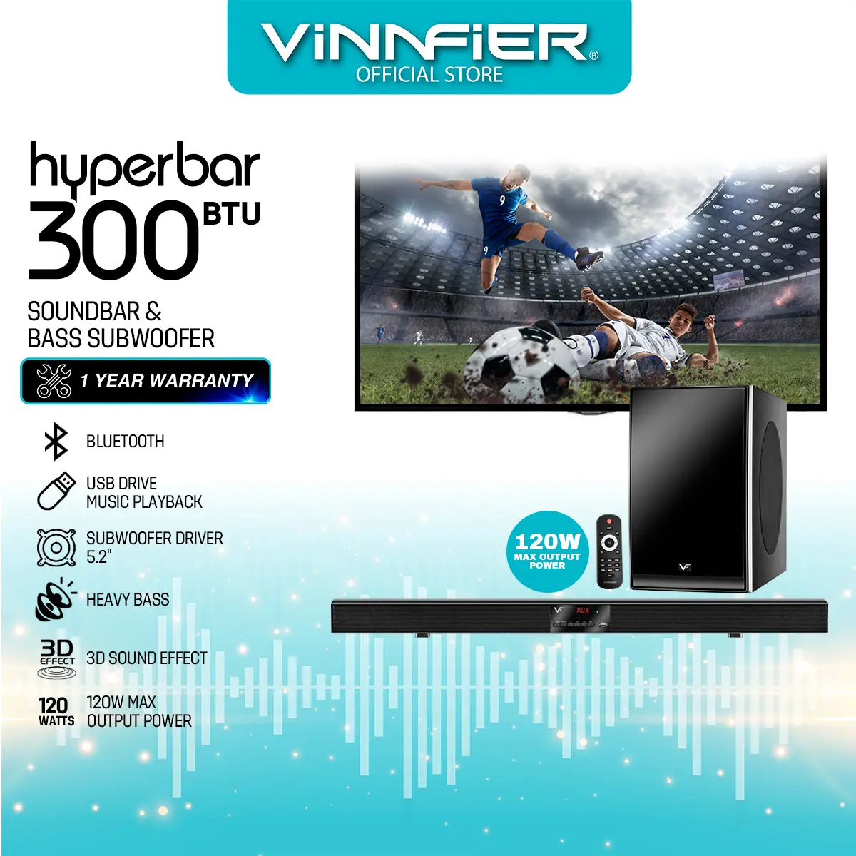VINNFIER HYPERBAR 300 BTR Bluetooth Sound Bar with Subwoofer 3D Effect vinn fier