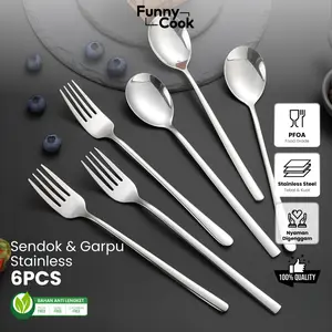 Funnycook Set Sendok Garpu Silver Stainless Anti Karat Alat Makan KOREA Plastik Steel Kitchenware
