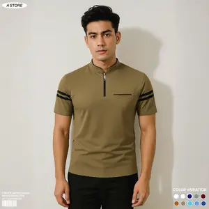 Kaos Kerah Shanghai Pria Resleting Saku Lengan Bergaris Katun Minimalist Style Premium Distro Terbaru Size S-XXL