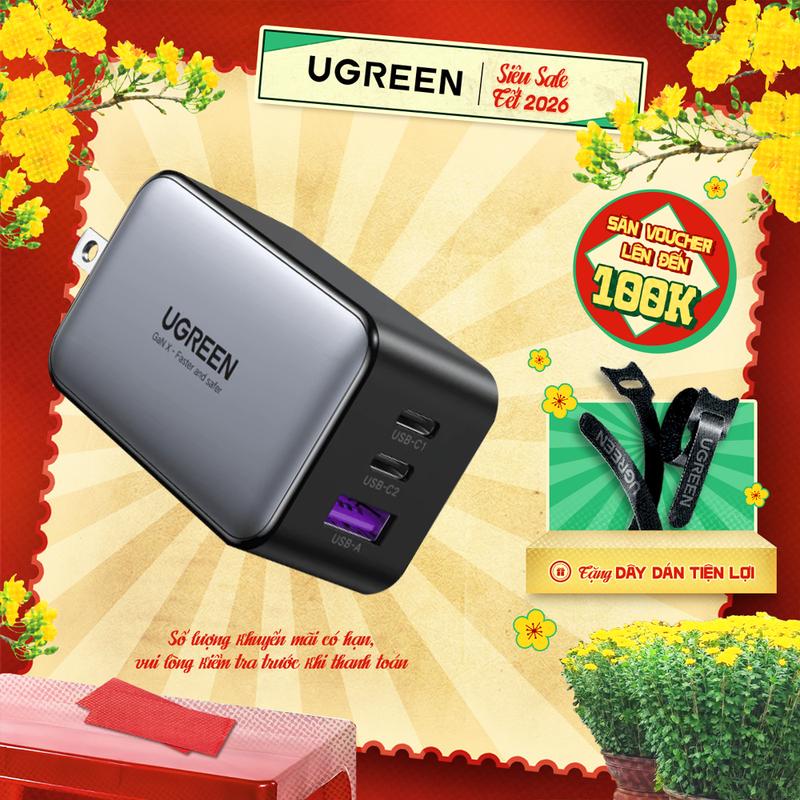 Củ sạc nhanh RoboGaN Robot 65W UGREEN CD244 | Công nghệ GaN II | Sạc nhanh 3 cổng 2 Usb-C 1 Usb-A | PD 3.0 QC 4.0 FCP SCP | Bảo hành 18 tháng 1 đổi 1 | KO KÈM CÁP SẠC | Phụ Kiện Phone
