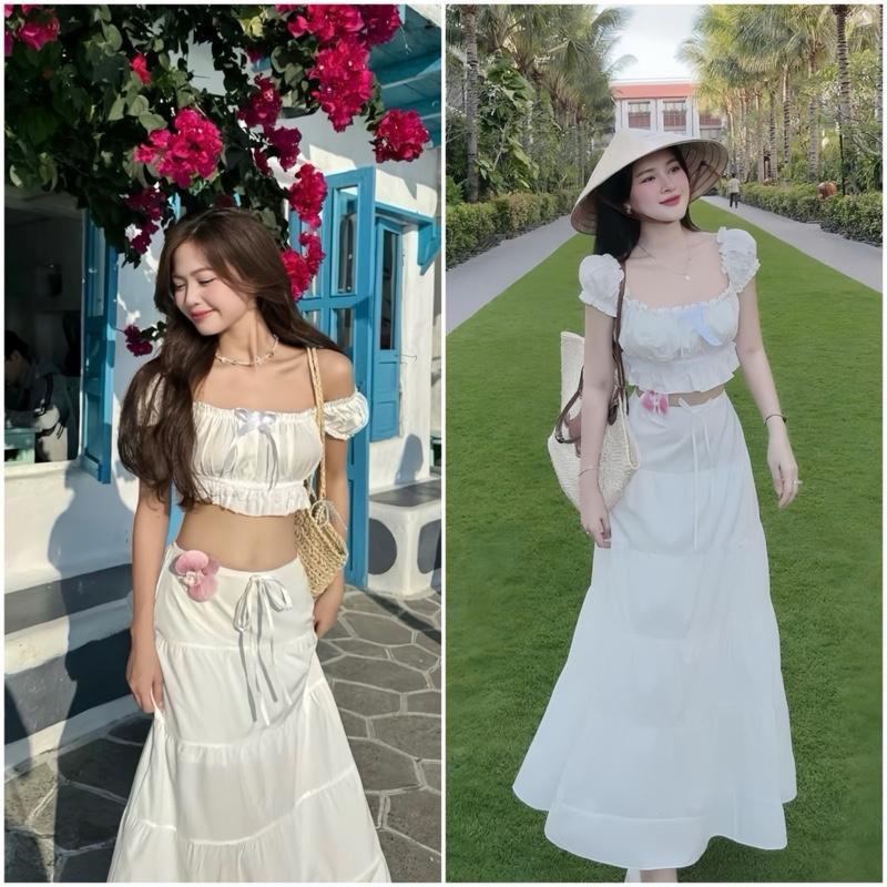 Sét Váy Đi Biển Gồm Áo Croptop Xinh + Chân Váy Xoè Dài Phối Chân Ren (DB1)