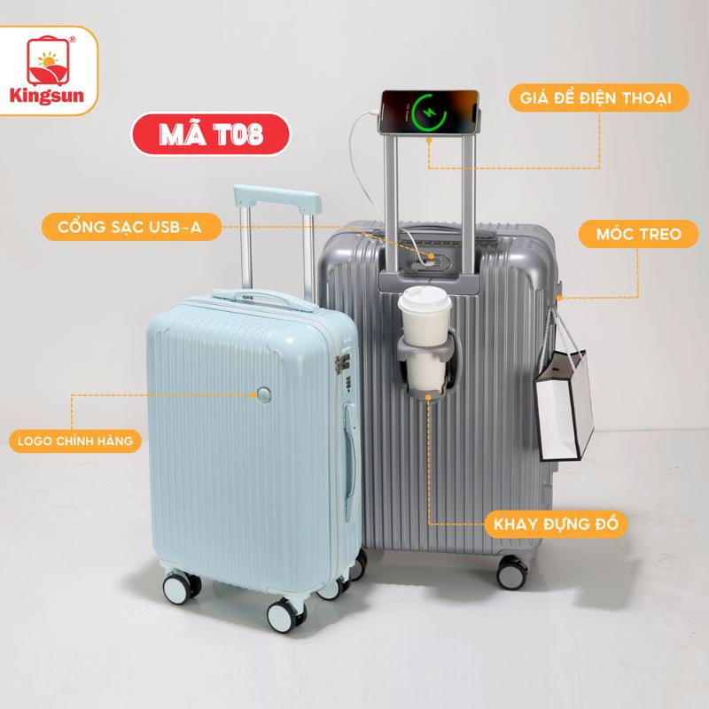  Vali Du Lịch Kingsun T08 Size 20 24 28 Nhựa ABS+PC Cần Kéo Hợp Kim Nhôm Bánh Cao Su 360 Kép Chống Ồn. 