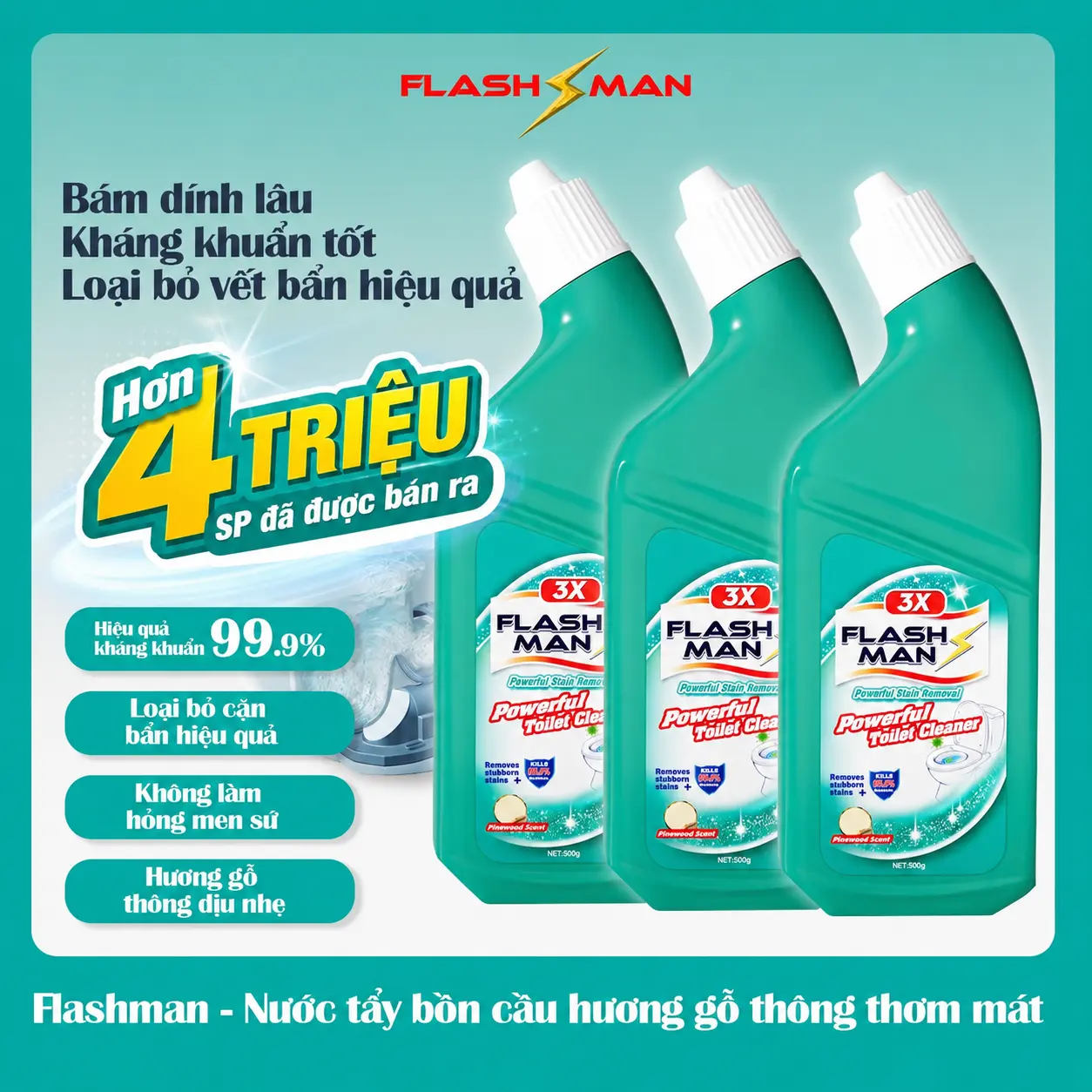 Nước tẩy bồn cầu Flashman - Làm sạch hiệu quả - Diệt khuẩn - Khử mùi khó chịu (500g / 1 chai)
