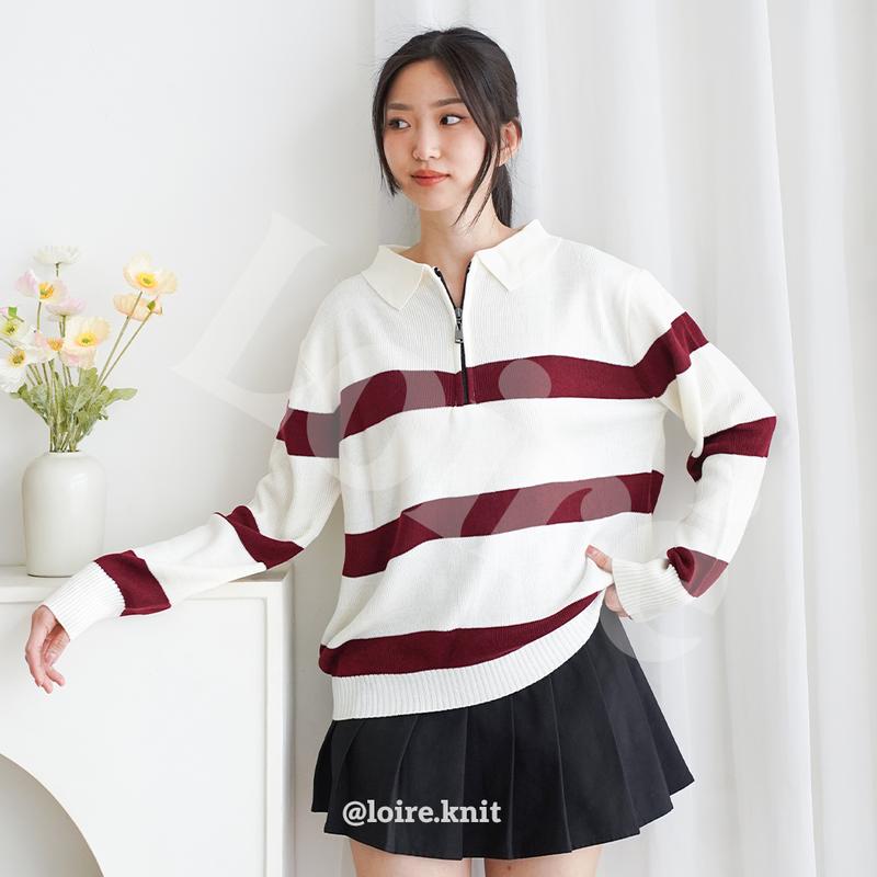 LOIRE YUNA Sweater Stripe Zipper Top Knit Atasan Baju Oversize Knitwear 1