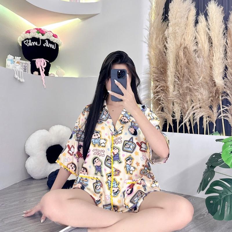 HL45 4SIZE 40-95kg PIJAMA ĐÙI CỔ BẺ TAY LỠ -Form rộng- KÈM CỘT TÓC