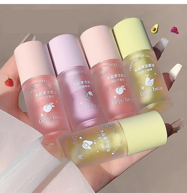Product Introduction of Crystal Jelly Lip Oil Hydrating Plumping Lip Gloss Coat For Cute Makeup Lipsticks Tinted Clear Serum Fruit Lip Balm Cosmetics Peach Brush 82