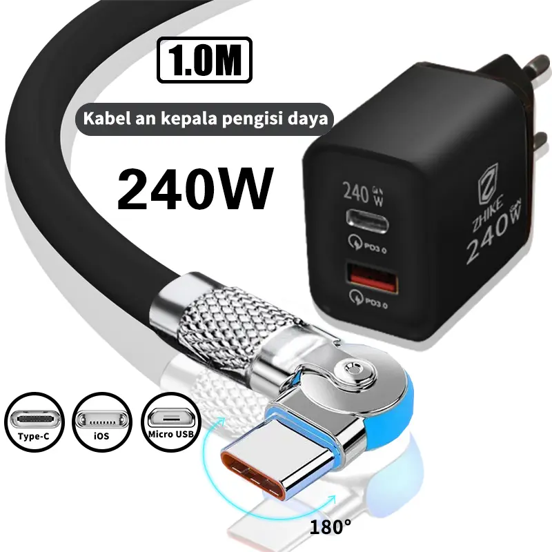ZHIKE Kabel Data Fast Charging Kabel Casan Tipe C Micro USB Untuk iOS Lightning Type C dengan Adapter 240W Adaptor Rotasi 180° 1M HP Fast Kepala Charger Port Putar Pengisi Compatible with iPhone Samsung Realme VIVO OPPO Redmi infinix XIAOMI Carger