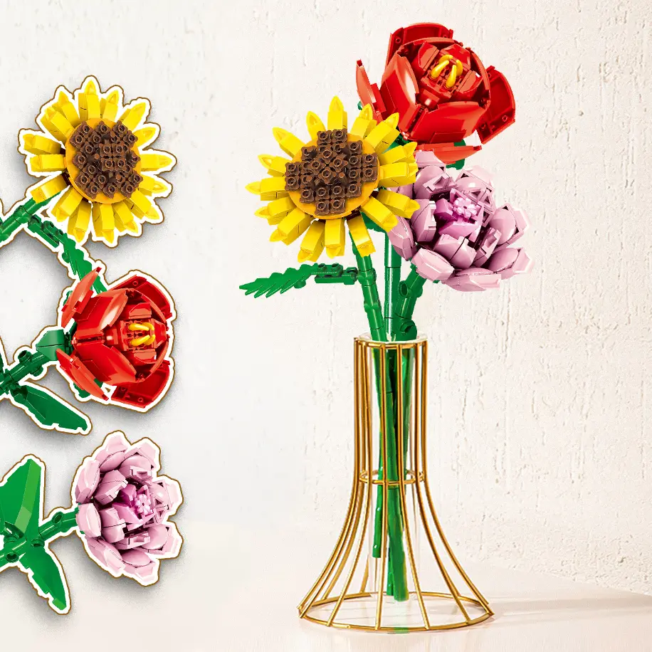 Bunga Bloks Flower Block Hadiah Birthday Gift Rose Sunflower Bunga Mawar Valentines Day Gift Graduation Children Plastic Toys