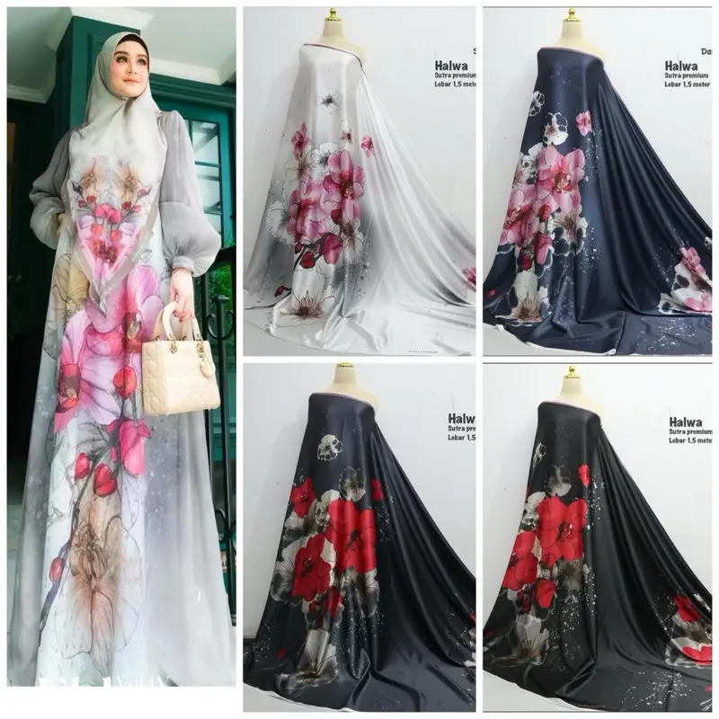 Kain Sutra Premium Motif Bunga Besar Mewah untuk Baju Gamis Wanita - Satin