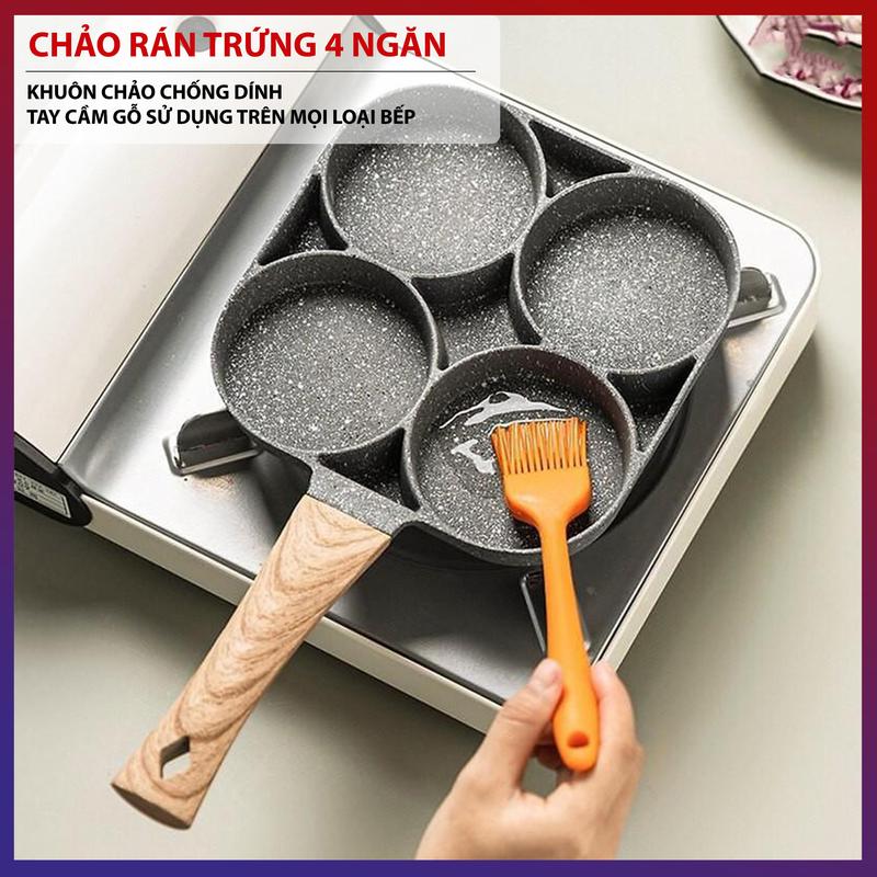 Chảo Chiên Rán Trứng Làm Bánh 4 Ngăn - Khuôn Chảo Chống Dính Tay Cầm Gỗ Sử Dụng Trên Mọi Loại Bếp đá