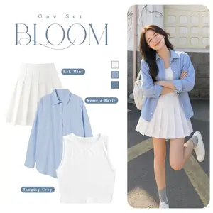 One Set Bloom 3in1 (Kemeja Basic Rok Mini Tanktop Crop) Gaya Korean Girl Simple & Stylish SO2A30