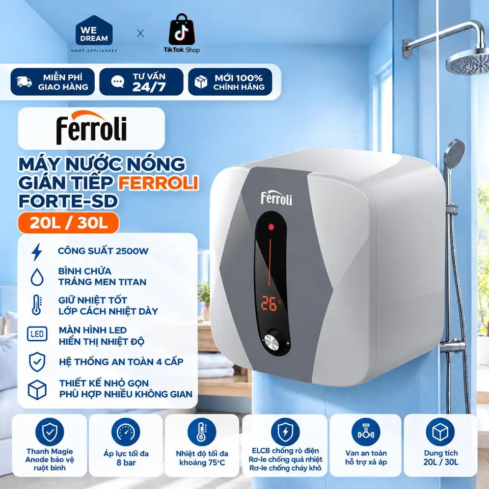 Máy Nước Nóng Gián Tiếp Ferroli FORTE-SD 30L 2500W - Chính Hãng, Mới 100%
