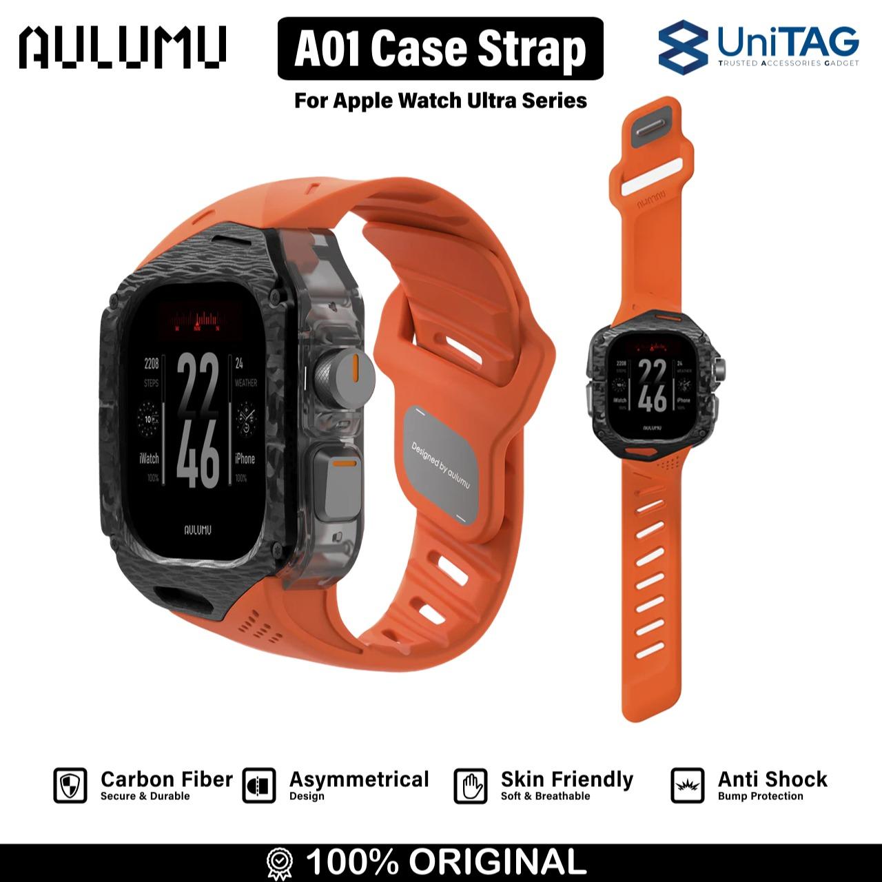 Aulumu Apple Watch Ultra 49mm (Series 3 / 2 / 1) Case Strap A01 Carbon Fiber | FKM Band - Orange A01-CF-OG