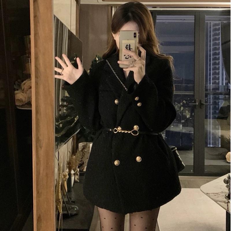  PRE-ORDER Áo dạ dày dặn hàng QCCC top nữ màu đen phối cúc đồng kèm đai 