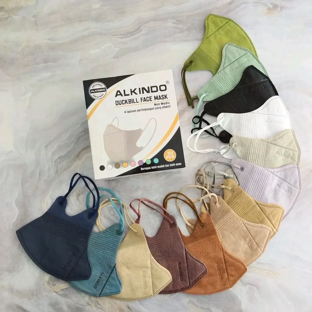 Masker Duckbill Alkindo Hitam Putih | Mix Warna 1Box Isi 50Pcs | 4ply Tebal Embos Original Wanita
