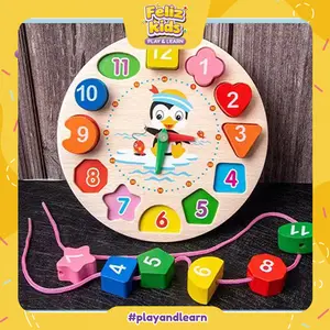 [FELIZKIDS] [FK20] Penguin Beaded Clock mainan edukasi jam Penguin dan meronce/ jam kayu / jam geometri/ puzzle bentuk/ mainan kayu