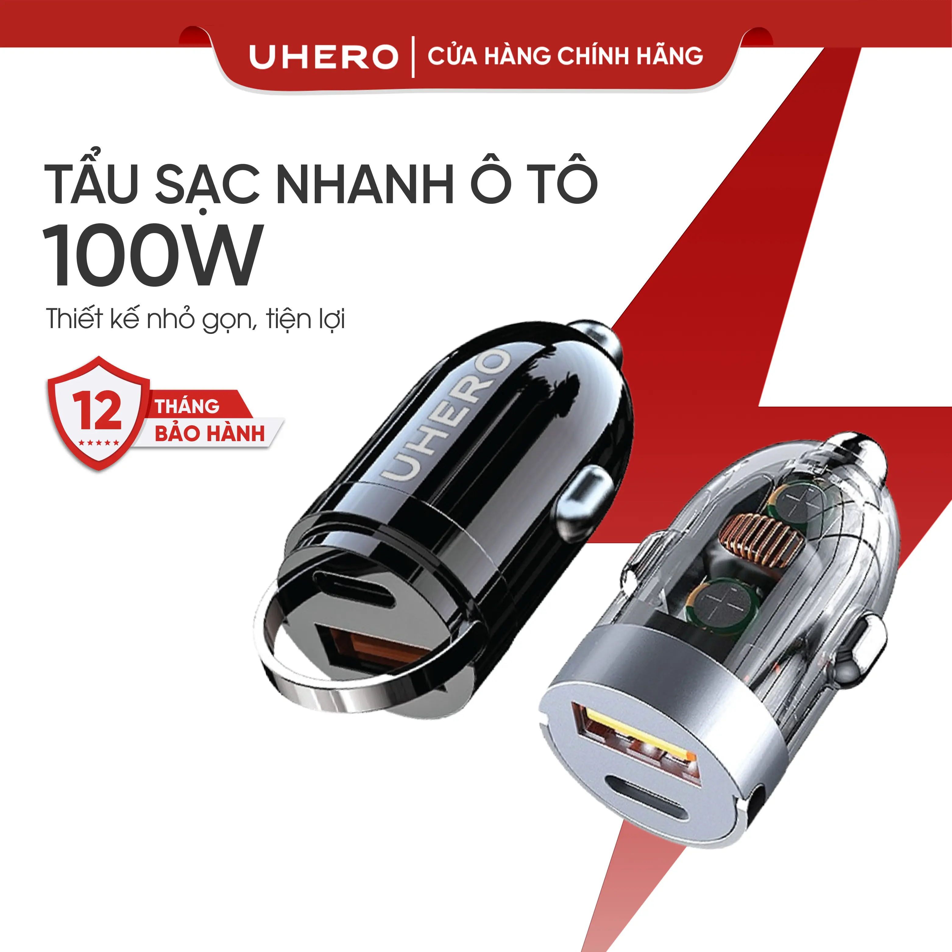 UHERO Tẩu Sạc Nhanh 100w, Tẩu Sạc Ô Tô Nhỏ Gọn TSN-01 Hai Cổng USB, Type C Phù Hợp Mọi Loại Xe, Mọi Thiết Bị Di Động, Phụ Kiện Sạc Nhanh, Phụ Tùng