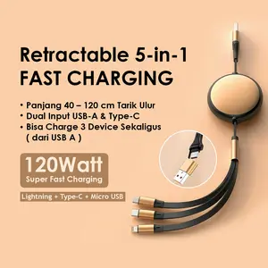 Kabel Charger Retractable 5 in 1 120W Super Fast Charging | Type-C Micro USB Lightning | Kabel Charger Multi Fungsi isa 3 Device Sekaligus, Adaptor Panjang Gadget Cable Adapter retractable portable travell