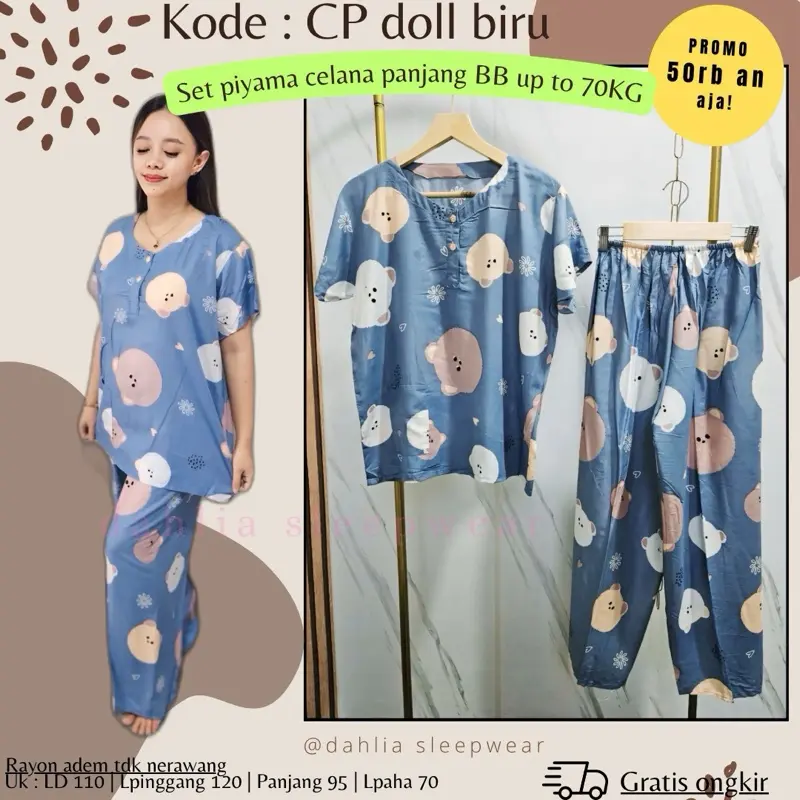 CP doll biru + piyama pendek/panjang tulis warna