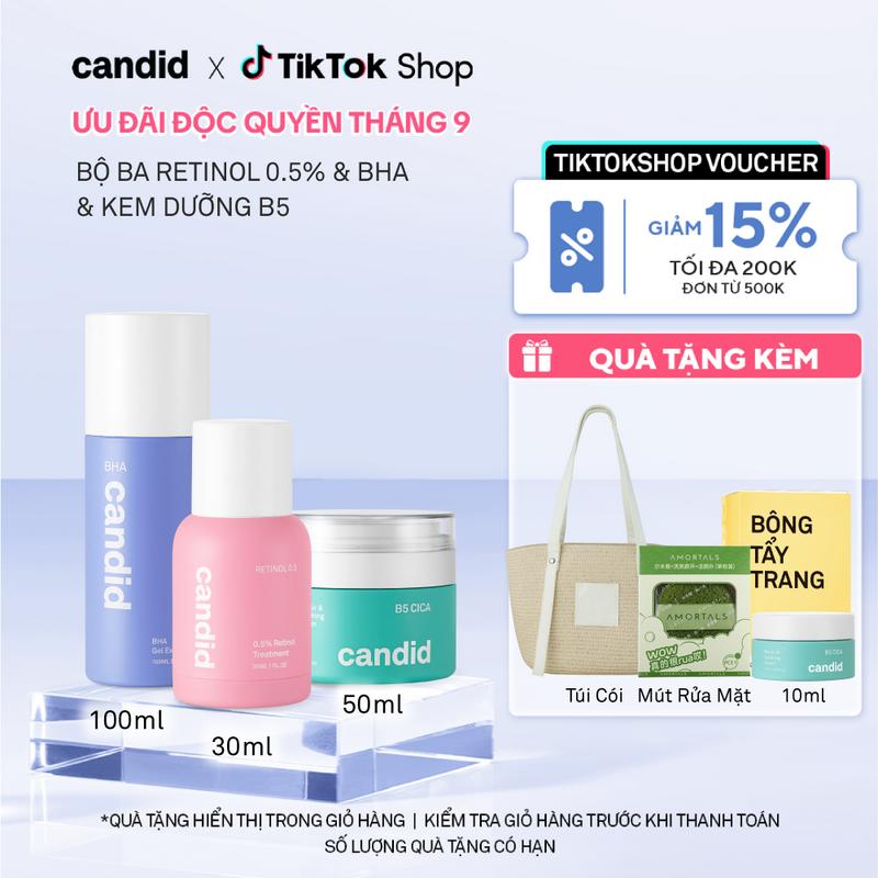 Bộ Ba Hỗ Trợ Cải Thiện Và Phục Hồi Da Candid Retinol 0.5% 30ml & Kem Dưỡng B5 Cica 50ml & BHA 100ml