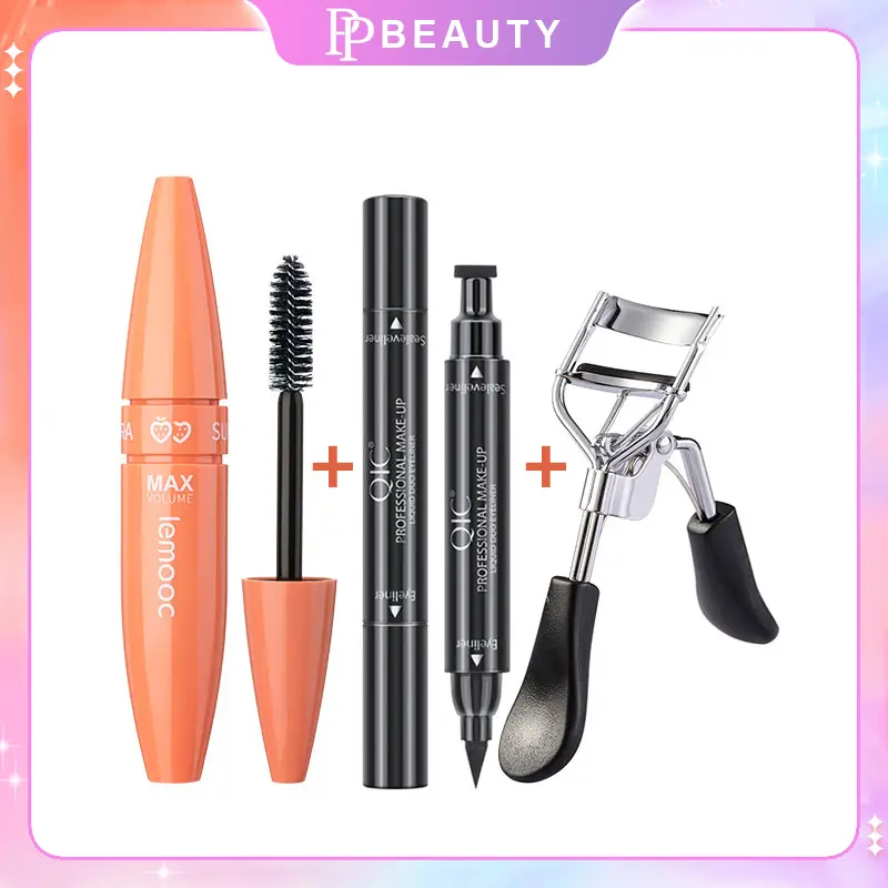 LEMOOC Eyes Makeup Set Mascara & Liquid Eyeliner Stamp Waterproof & Eyelash Curler For Eyelash Extension Makeup Eye Set