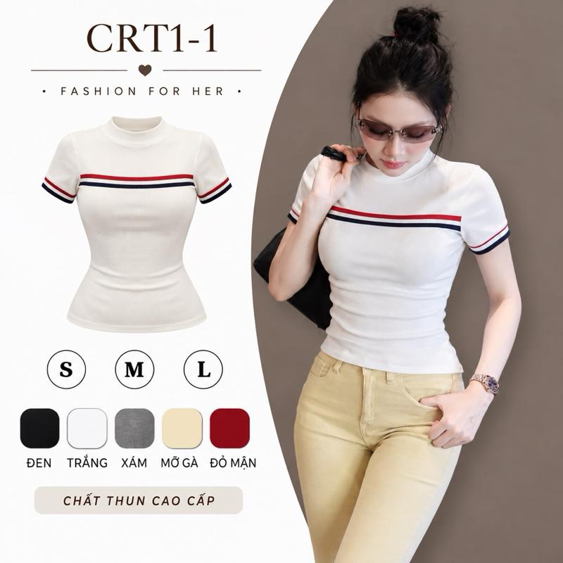 Áo Thun Nữ Ôm Body Phối Sọc Tôn Eo che bụng mặc gọn dáng chất thun cotton co giãn