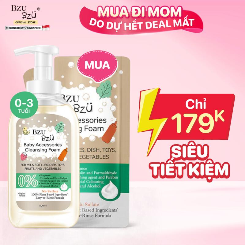 Combo 2 Nước Rửa Bình Sữa, Đồ Dùng Em Bé BZU BZU Baby Accessories Cleansing Foam Tạo Bọt Không Mùi 1 Chai 500ml & 1 Túi 400ml Cho Bé Rửa Bình