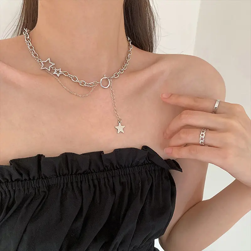 COD ❤️ Kalung Bintang Star Berlapis Ganda Desain Rasa Dalam Rantai Tulang Selangka Hip-Hop Wanita 2