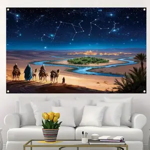 Kain Latar Dekorasi Kamar Anak Hari Tiga Raja Motif Bintang Dan Gubuk 200cm x 150cm Resolusi Tinggi Anti Kusut Mudah Dirawat