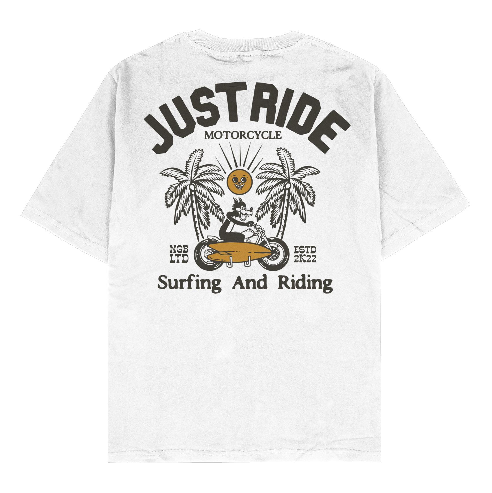 (Gratis Stiker) Ngab Kaos Baju Distro Just Ride Surfing And Riding Putih NB161 Unisex Pria Wanita Cotton Combed 24s
