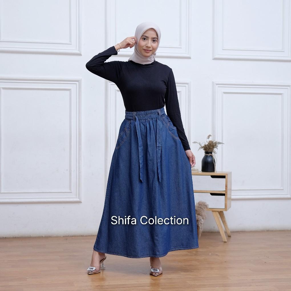 Rok Jeans Panjang Wanita Model Payung Fita Kekinian Bahan Original Jeans Wash Premium 6,5 Ons / Rok Jeans / Rok Panjang Wanita / Rok Jeans Jumbo / Rok Jeans Panjang BB ± 35 - 85 kg Denim Nyaman Variasi Hitam Biru Navy Samping