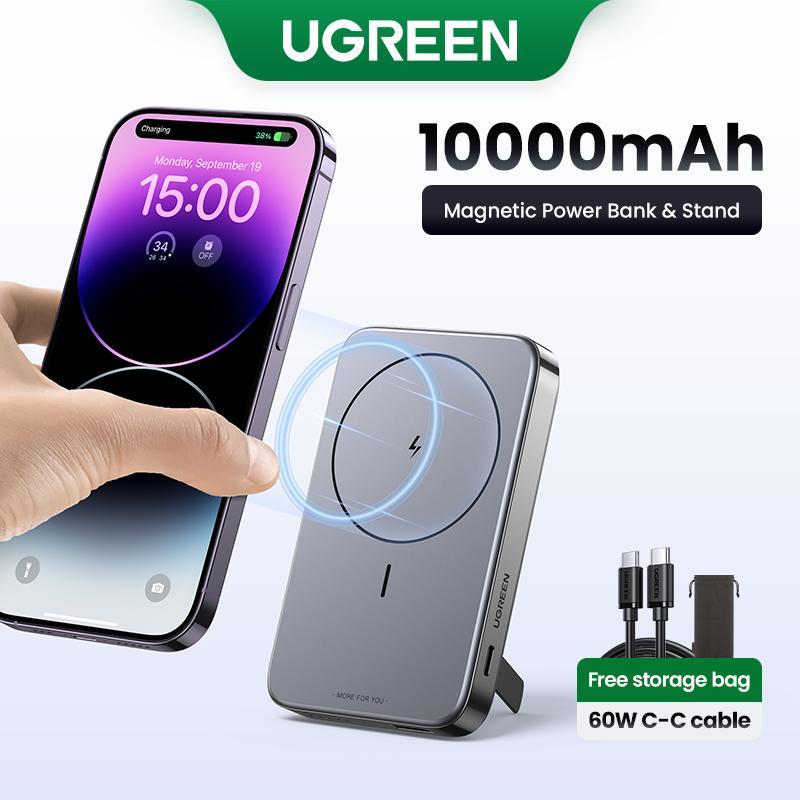 Sạc dự phòng, UGREEN, 10000mAh, 20W, USB Type C, Sạc không dây từ tính, có Chân Đế, Tương thích với iPhone 15 và 14 Pro Max, Bao gồm Cáp miễn phí và túi