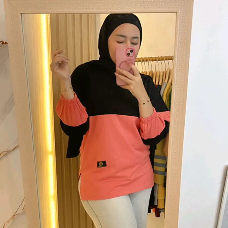 Ayessa Shop T-shirt Atasan Kaos Wanita Lengan Panjang Kerut Kombinasi Bahan katun Combeds nyaman enak dipakai 1