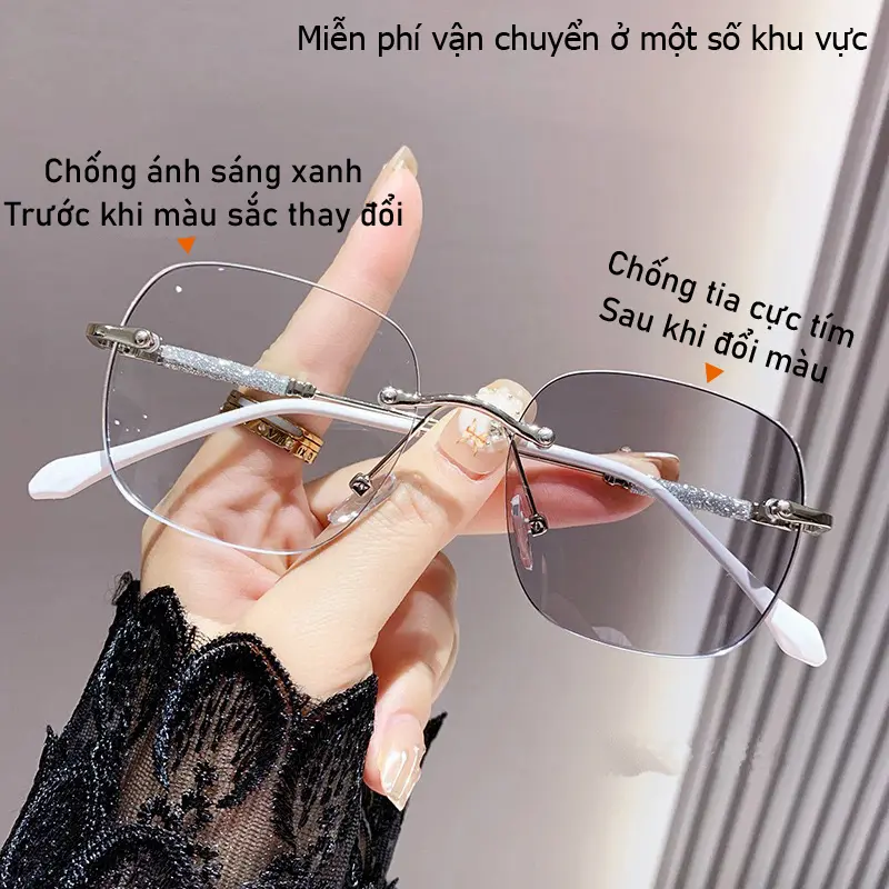 Kính thời trang đổi màu Fashion Flash chống tia UV và ánh sáng xanh biển, kính râm khung kim loại không viền dành cho nữ, phong cách Hàn Quốc thời thượng, đổi màu dưới ánh nắng mặt trời.