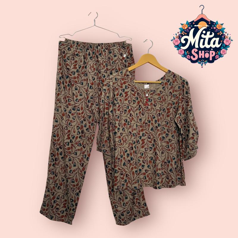 Đồ Bộ Trung Niên Quần Dài Tay Lỡ - Big Size 49-89kg - Họa Tiết Hoa Lá - Chất Vải Tole Nhung Mềm Mịn, Thoáng Mát, Thanh Lịch | Quần Áo Nữ Women