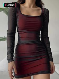 Vestido ajustado de malla transparente con mangas largas y fruncido en contraste para mujer, vestido corto elegante con escote cuadrado para fiestas y salir, vestido de primavera y otoño para mujer