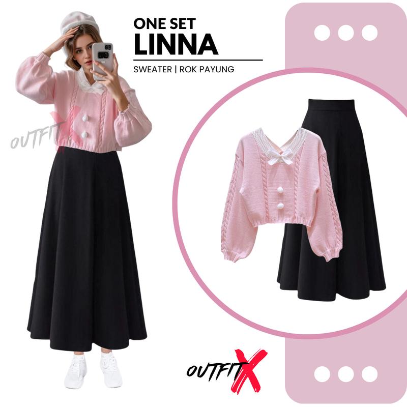 One Set Linna Sweater Rok Payung Setelan Outfit 2in1 OOTD Wanita Kekinian Korea Style 1