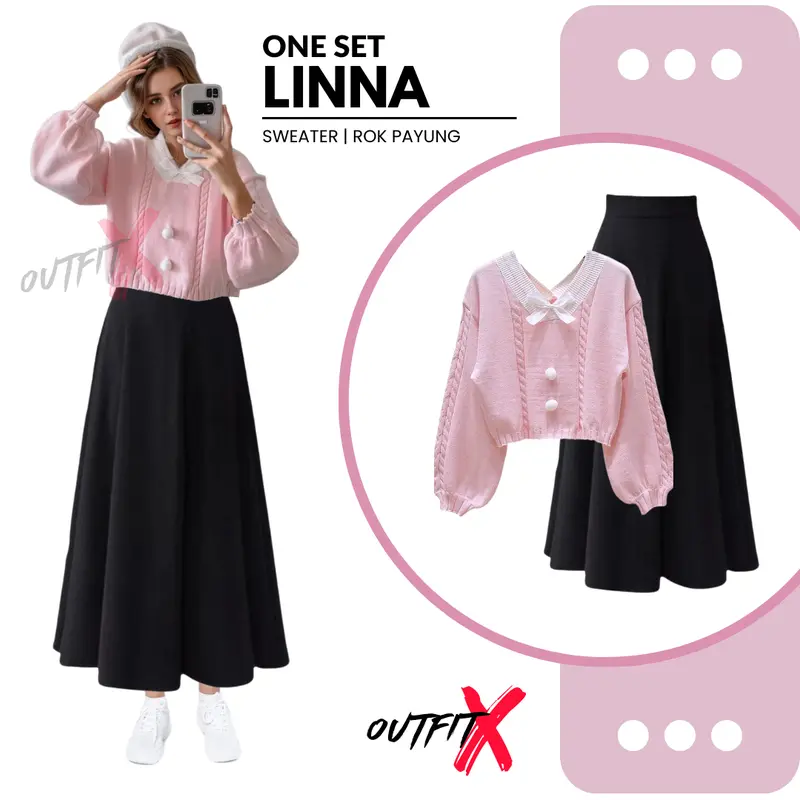 One Set Linna Sweater Rok Payung Setelan Outfit 2in1 OOTD Wanita Kekinian Korea Style 0