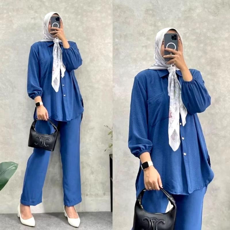 One Set Cargo Crinkle Airflow | Setelan Langan Panjang Celana Cargo Terbaru | Best Seller Kekinian Atasan dan Bawahan Ternyaman | One Set Korean Style All Size Fit To XL | terbaru Variasi Kulot Dewasa Tunik Baju Kancing Loose Linen 2