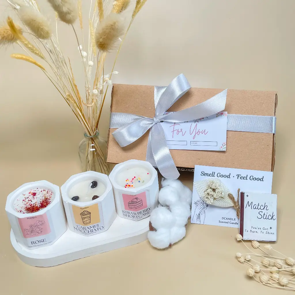 Hampers Concrete Scented Candle Isi 3 | Kado Souvenir Gift Box Minimalis Aesthetic Lilin Buah