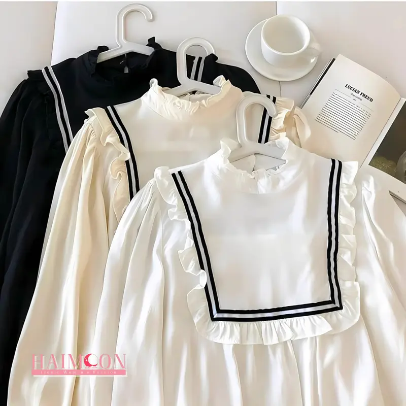 Baju Atasan Wanita Blouse Ruffle Daily Warna Hitam Putih Crinkle Muslim Panjang Top Nyaman Dalaman 1