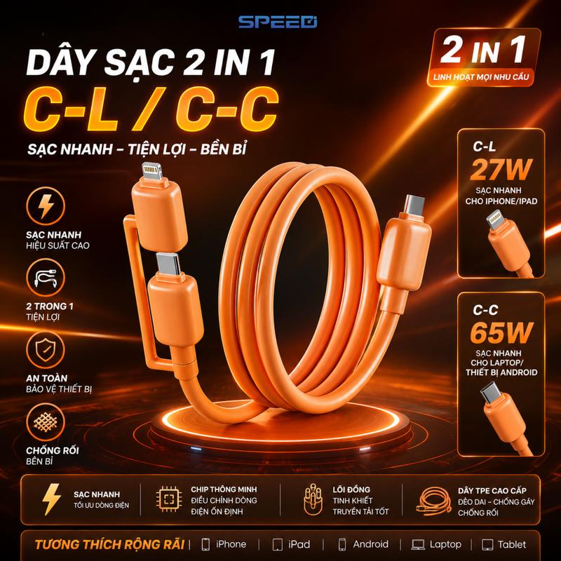 Cáp sạc nhanh 2 in 1 silicon siêu nhanh max 65w SILICON dài 1.2 mét bảo hành 12 tháng speed