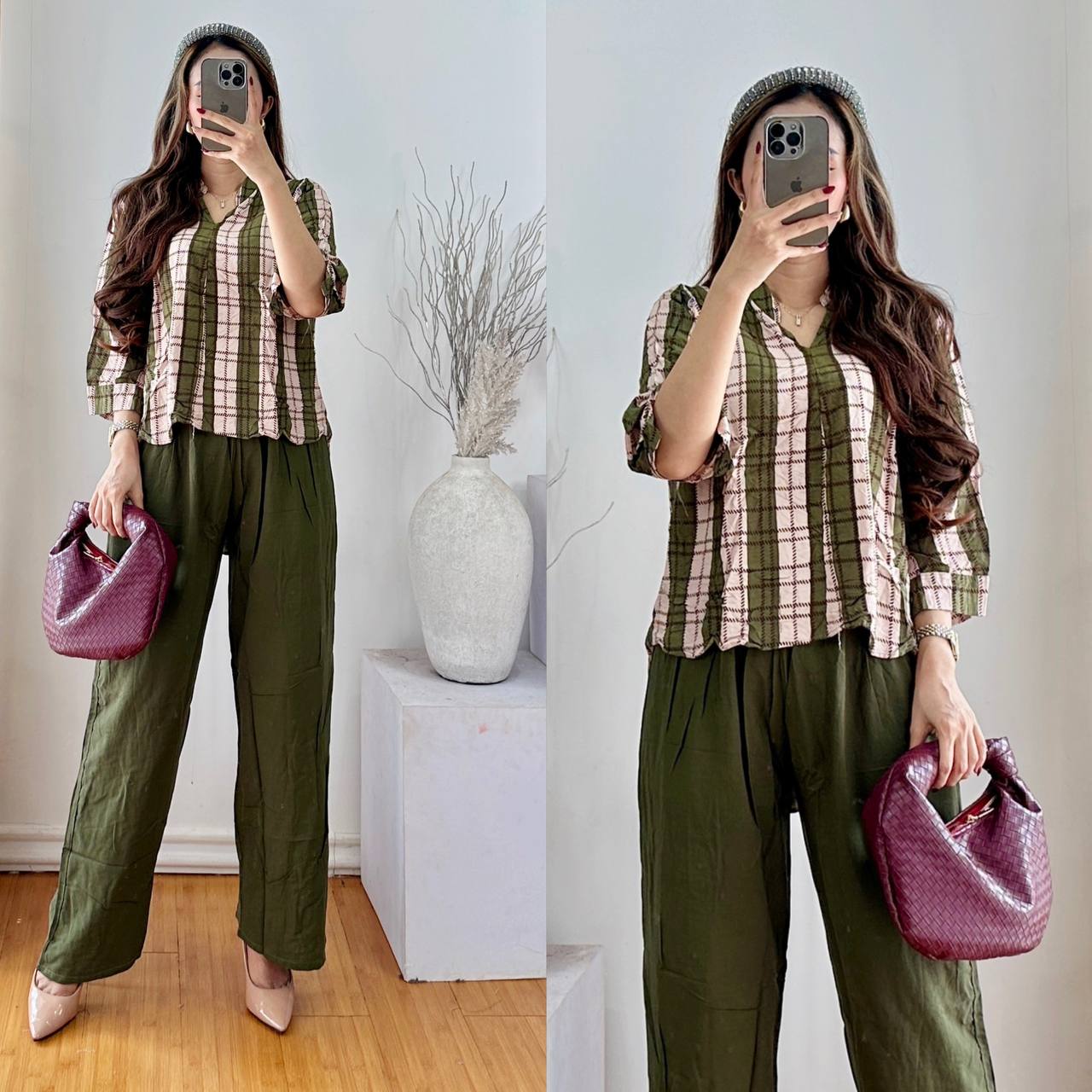 One set wanita kekinian salur kekinian layla rayon premium/Batik fashion/ld 110 dewasa lengan 7/8 Celana Panjang Setelan Wanita Formal Motif Nyaman Baju Katun Remaja Atasan Shakila