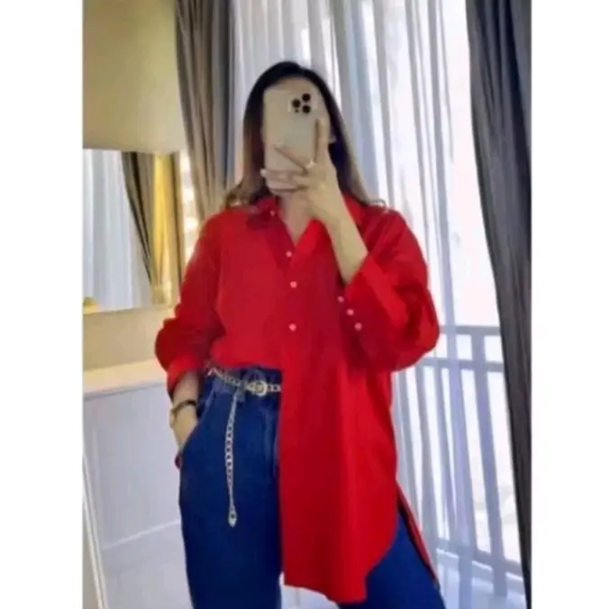 KEMEJA TUNIK WANITA TERBARU DAN KEKINIAN MERAH CABE JUMBO LENGAN PANJANG SIZE M/L/XL/XXL/XXXL/XXXXL