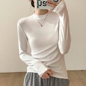 Women's Fall Winter New Slim Fit Long Sleeve T-Shirt, Inner Layer Bottoming Shirt, Small Stand Collar Top 8987# Womenswear Basic Crewneck Casual Minimalist