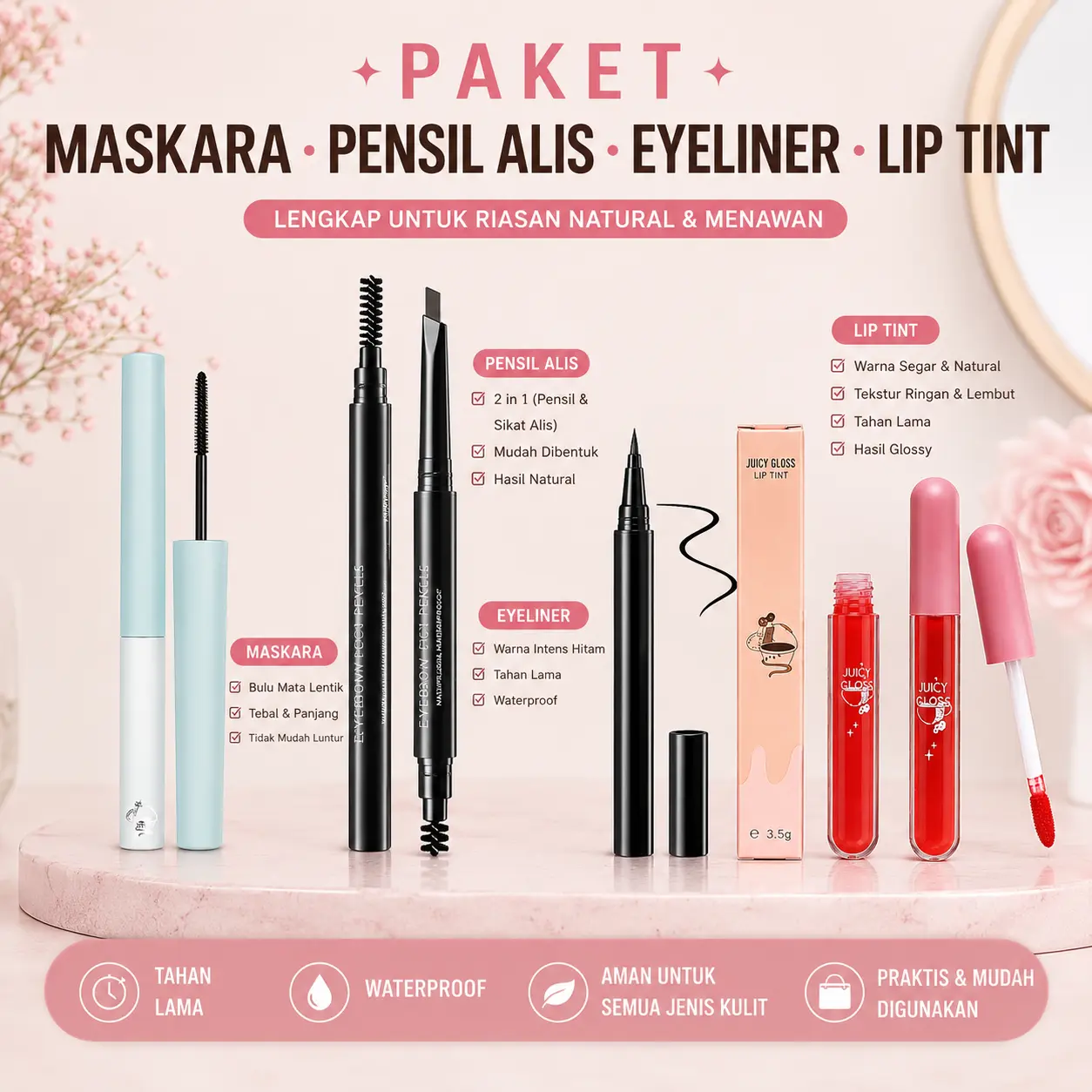 Paket Makeup Lengkap Maskara Pensil Alis 2 in 1 Eyeliner Hitam Lip Tint Waterproof Tahan Lama untuk Daily Makeup Natural Look Korean Look - Bibir