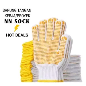 12 PASANG Sarung Tangan Kerja/Proyek Warna Putih Bintik Dot Kuning RAJUT / Matahari Bison Bulldozer Harga Grosir - PUTIH BINTIK KUNING, isi 3 PASANG
